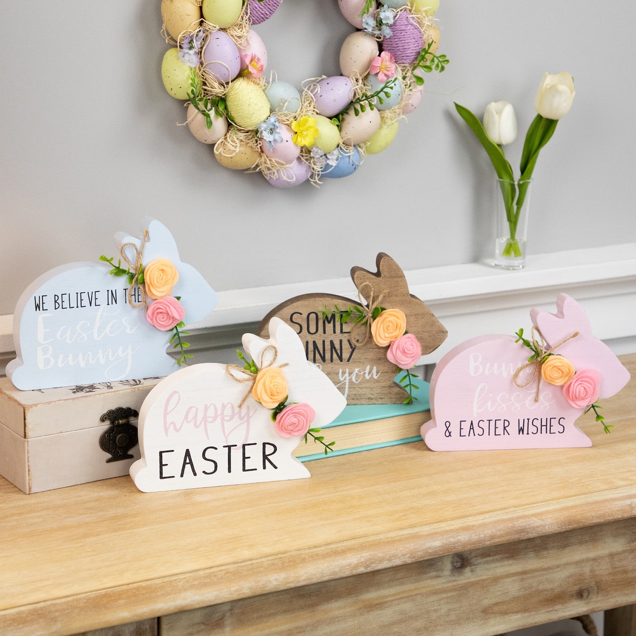 8" Floral Bunny Wooden Tabletop Easter Signs, 4ct.